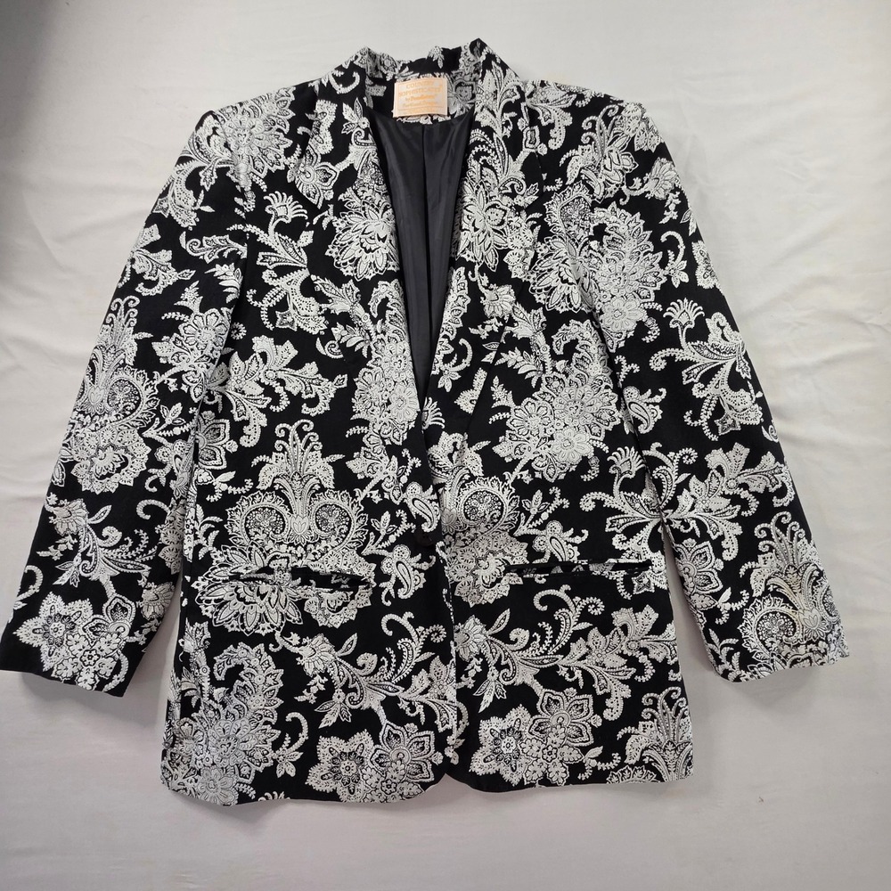 Pendleton Country Sophisticates Blazer Paisley Floral Rayon‎ 14 Black White 90s